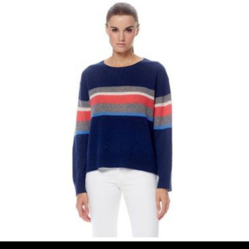 360 cashmere navy sweater with bold stripe of sky blue,grey,coral and cream